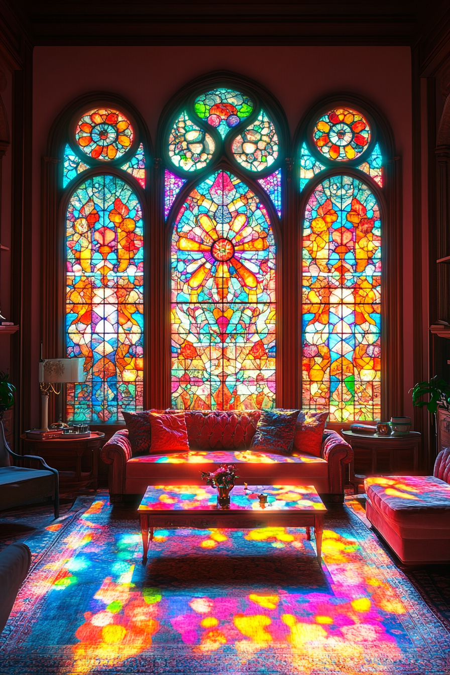 Stained glass windows illuminate modern gothic living space.