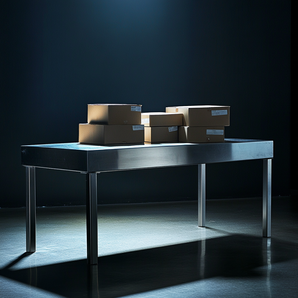 Stainless Steel Lab Table with Stacked Boxes, Cool Lighting