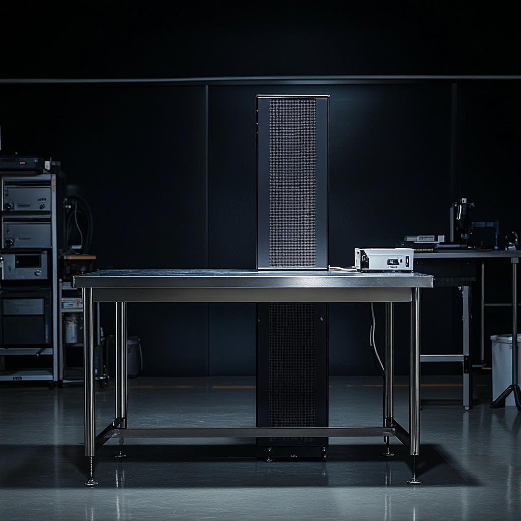 Stainless Steel Lab Table with Tall Black Box, Product Photography 