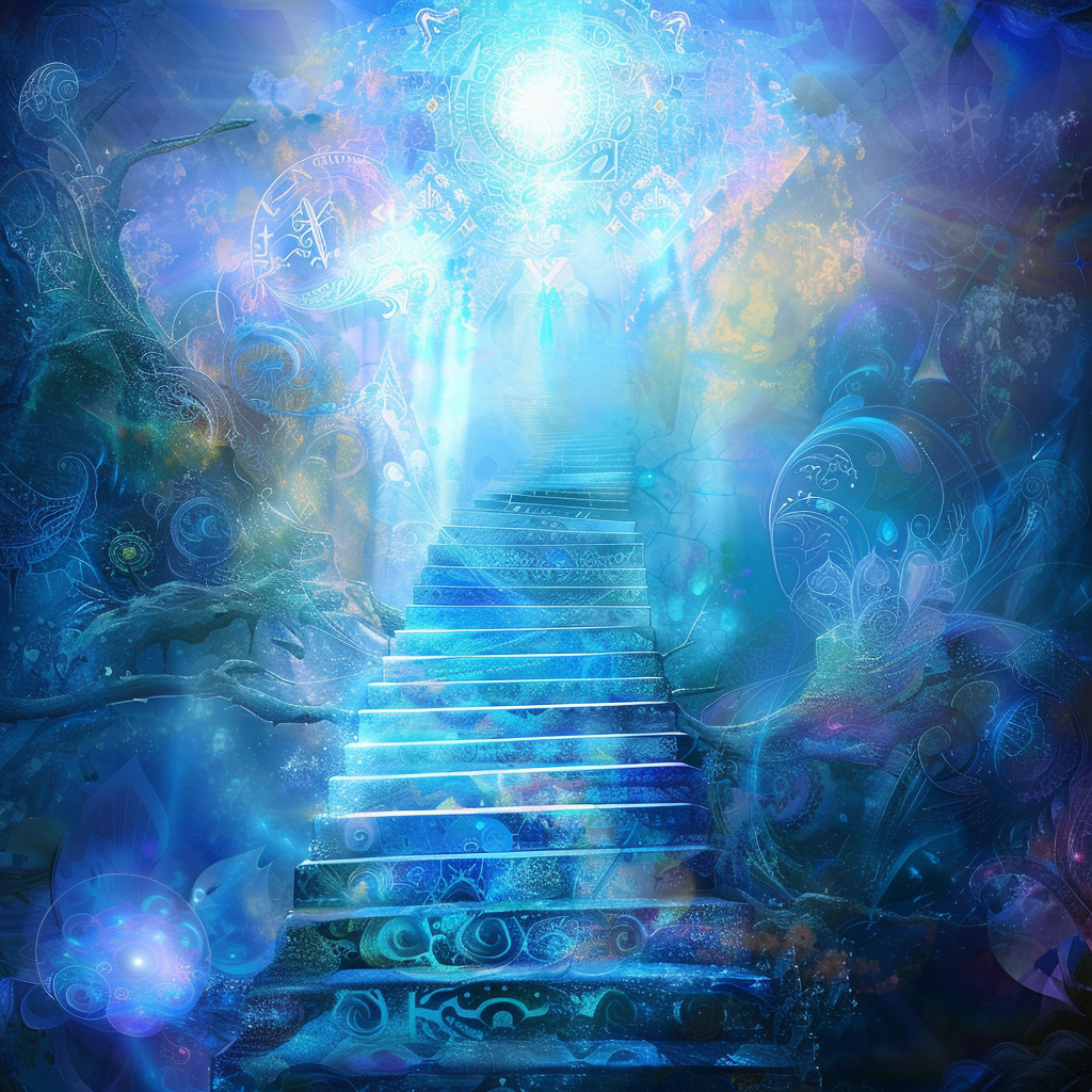 Stairs lead to heaven with radiant white energy.