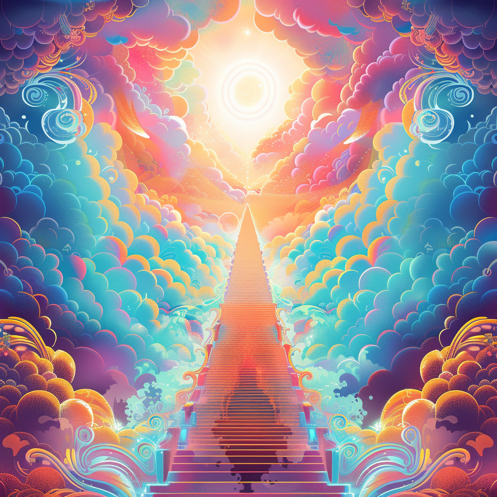 Stairs to heaven with angels and psychedelic background.