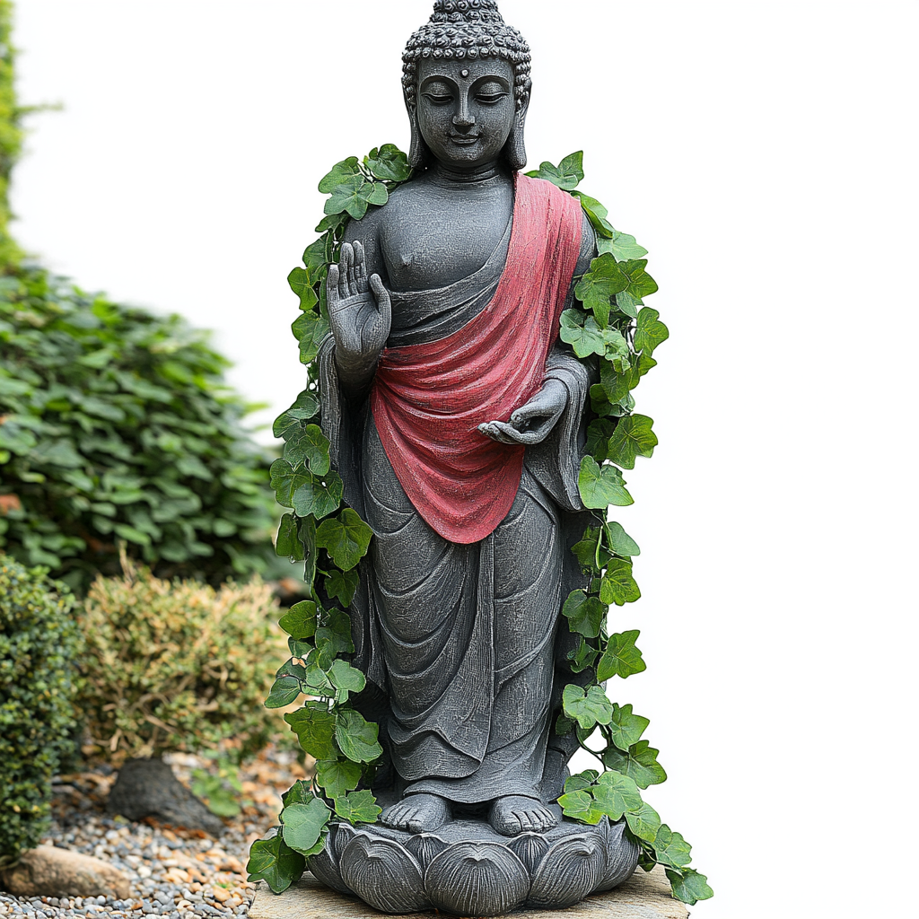 Standing Buddha statue with raised hand, red scarf, green plants