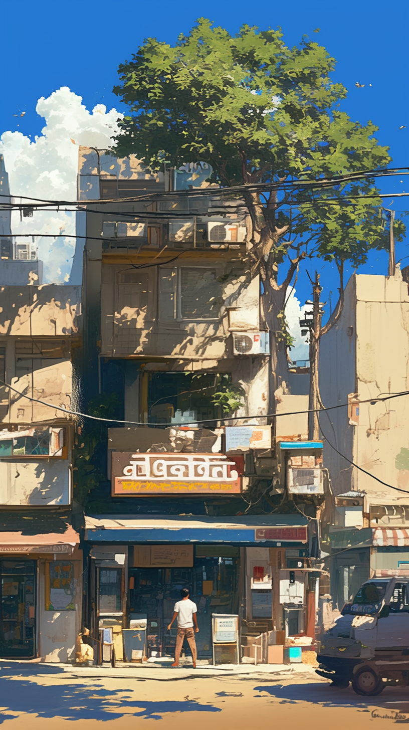 Standing opposite Indian street, see road and tree.