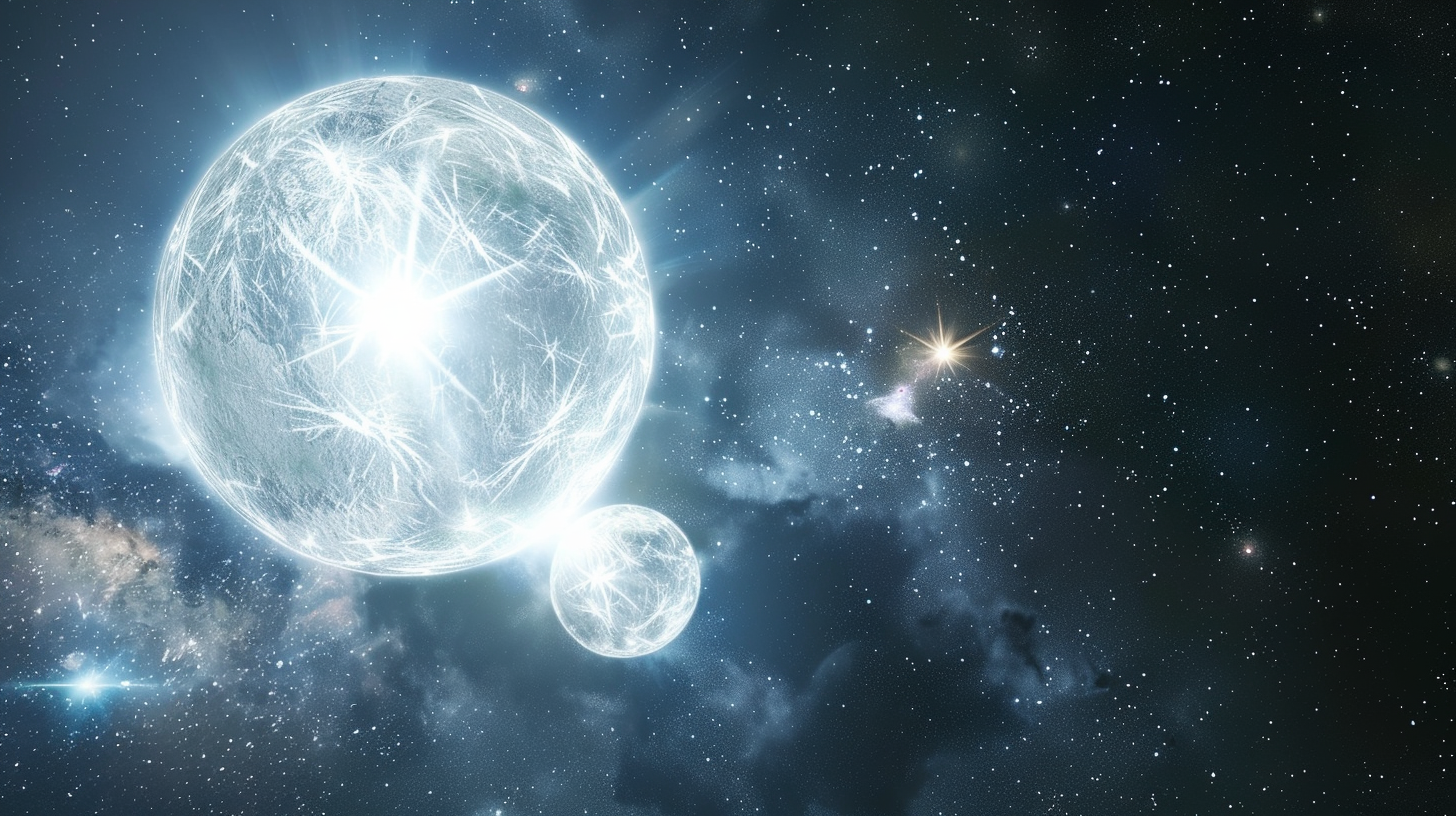 Star and white dwarf orbit with energy connection. Bright, defined, clear space. Created with realism.