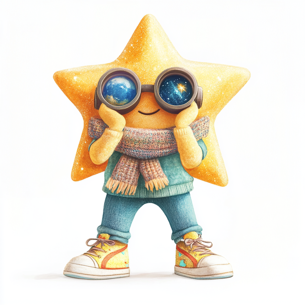 Star wearing scarf and sneakers, exploring with binoculars, adorable.