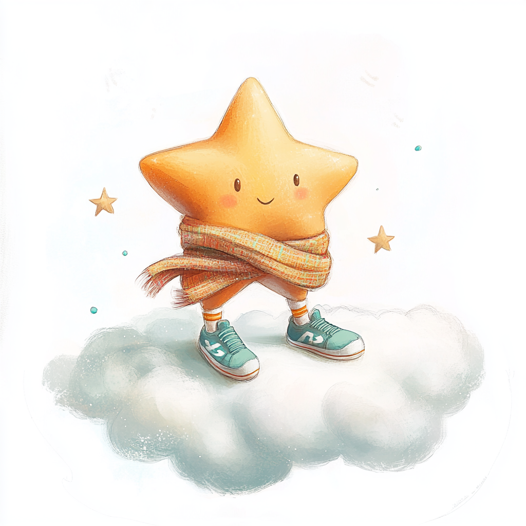 Star with scarf and shoes floating in sky on cloud.