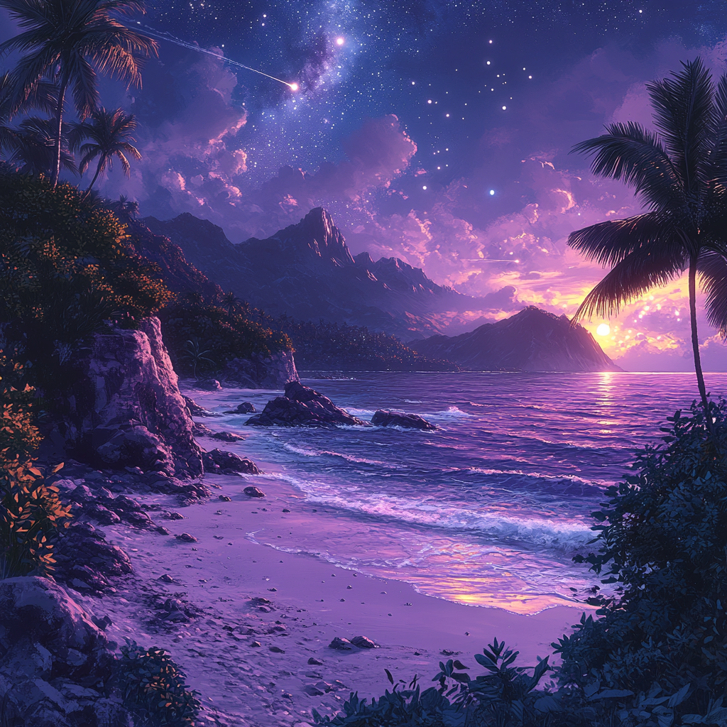 Starry night at beach with purple water flow