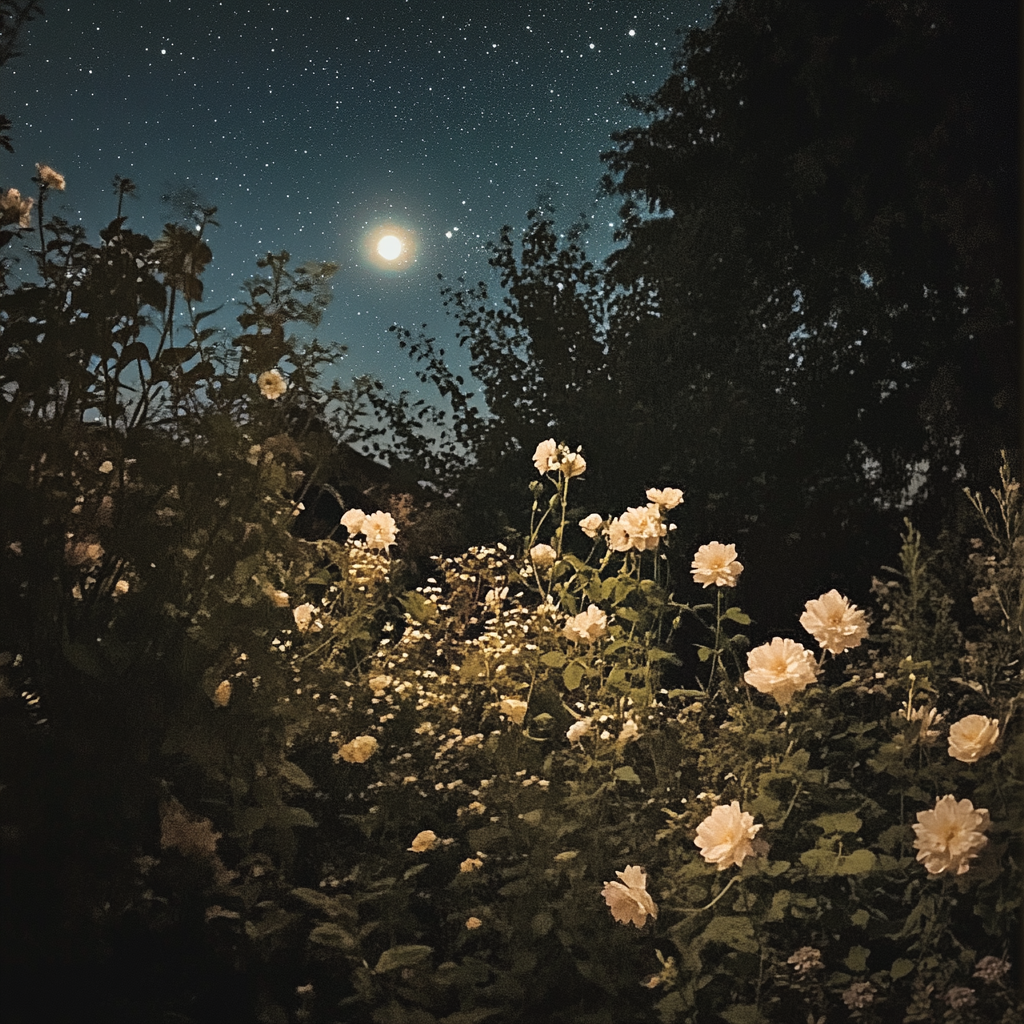 Starry night garden scene with moonlight on flowers - iPhone 15 pro