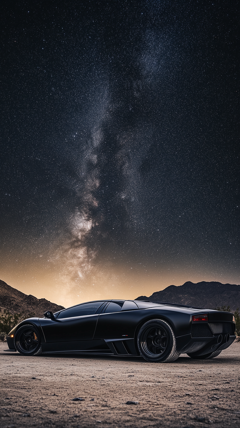 Starry night sky over matte black Lamborghini Murcielago.