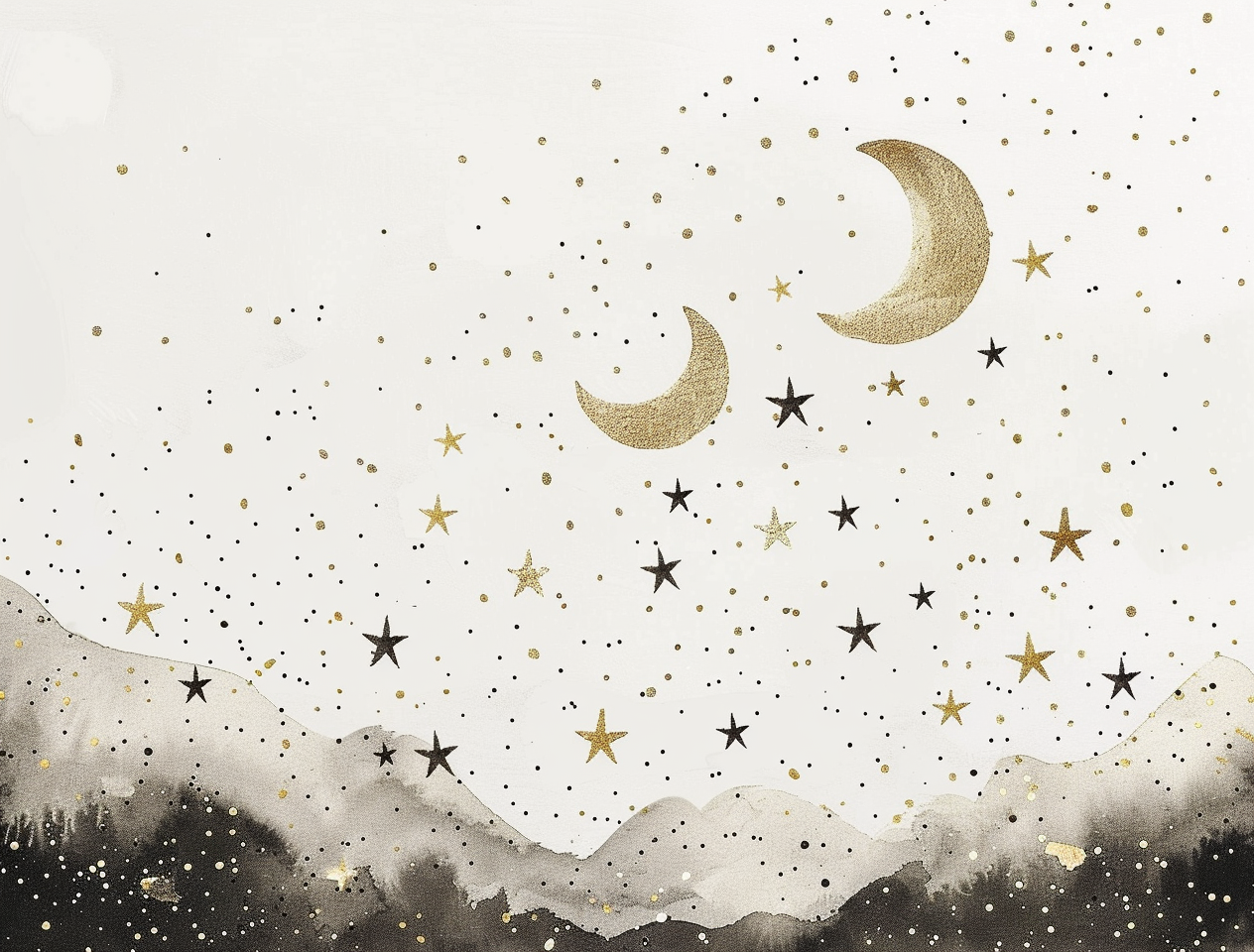 Starry sky with glittering gold dots and moon.