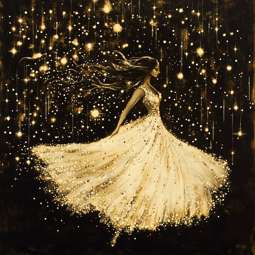 Stars shine, dance in night for happy woman.