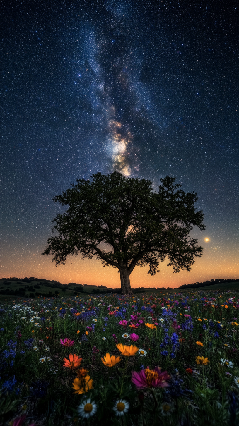 Stars twinkle in vast, cloudless sky above lone tree.