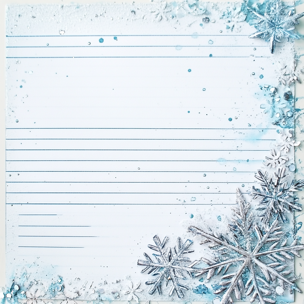 Stationery with silver snowflakes and blue splashes.