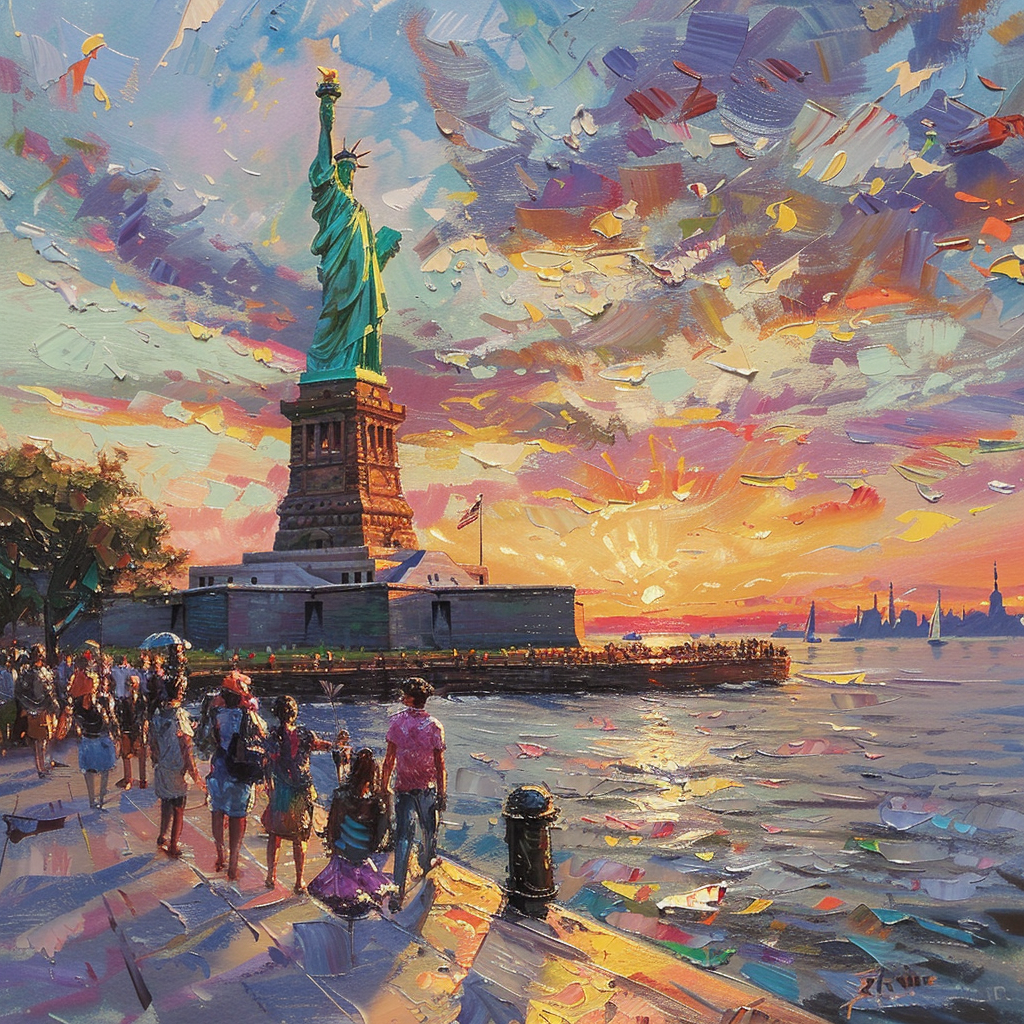 Statue of Liberty at sunset with patriotic banners.