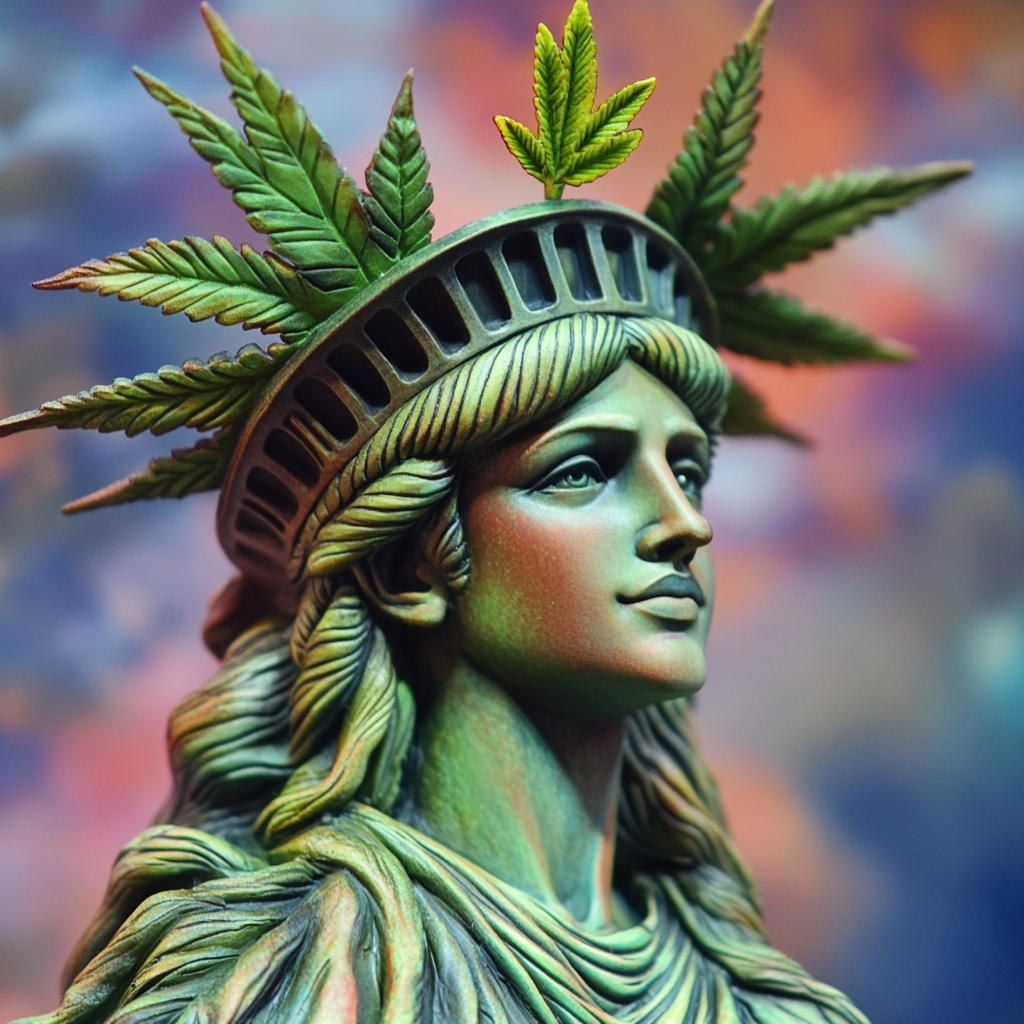 Statue of Liberty close up with cannabis leaves.