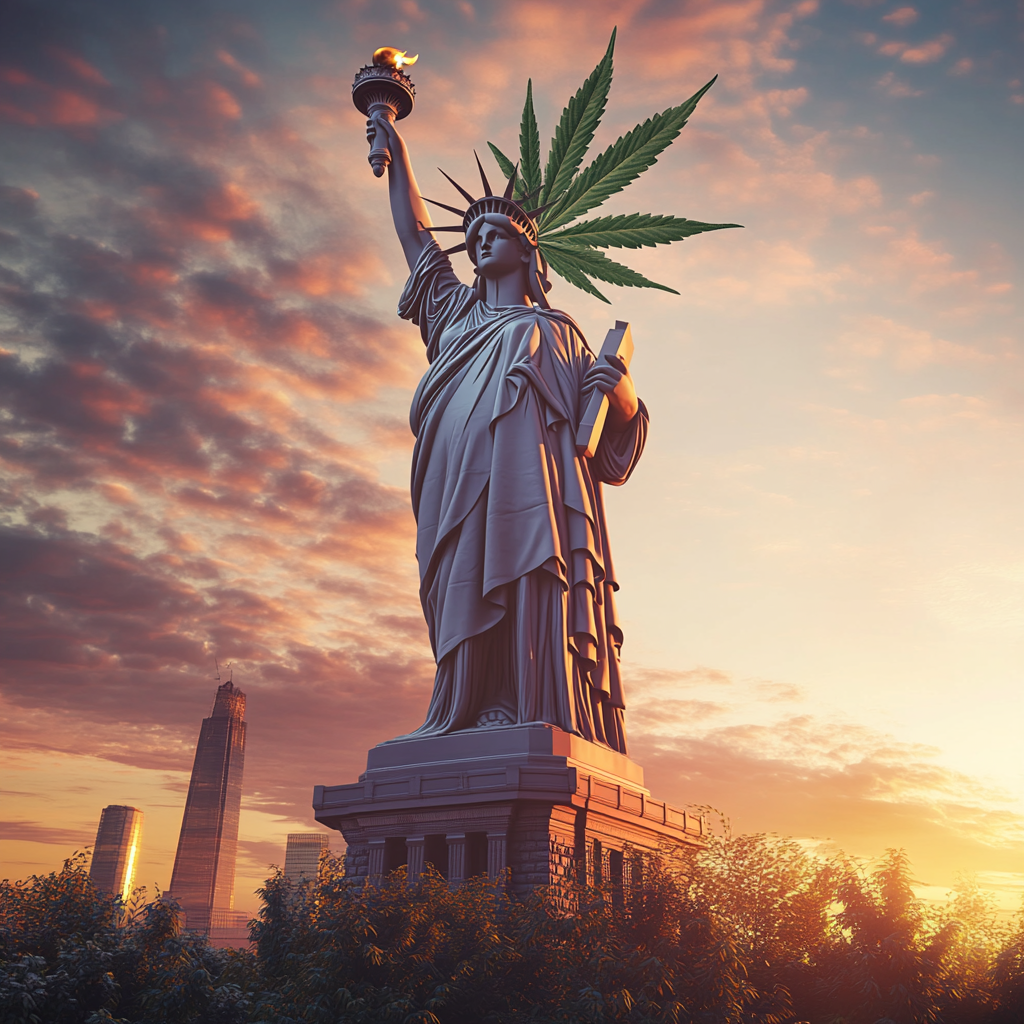 Statue of Liberty photo with cannabis crown under sunrise.