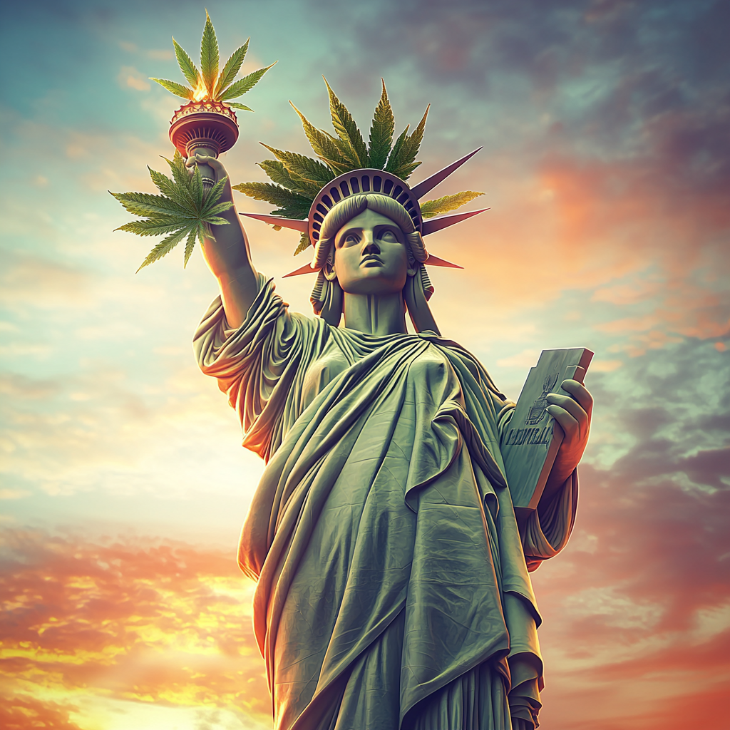 Statue of Liberty with cannabis crown and torch leaf