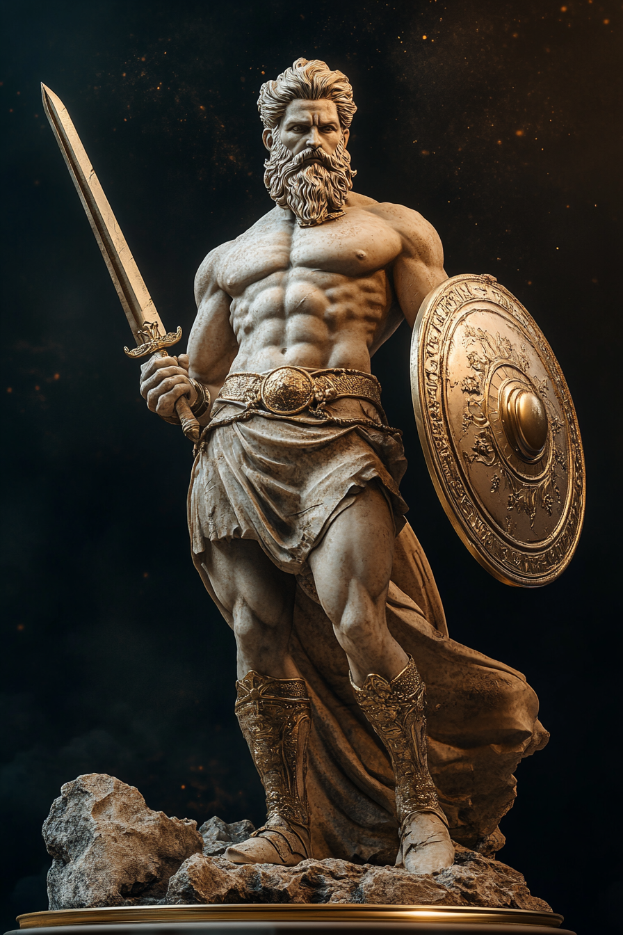 Statue of god with sword and shield in 3D.