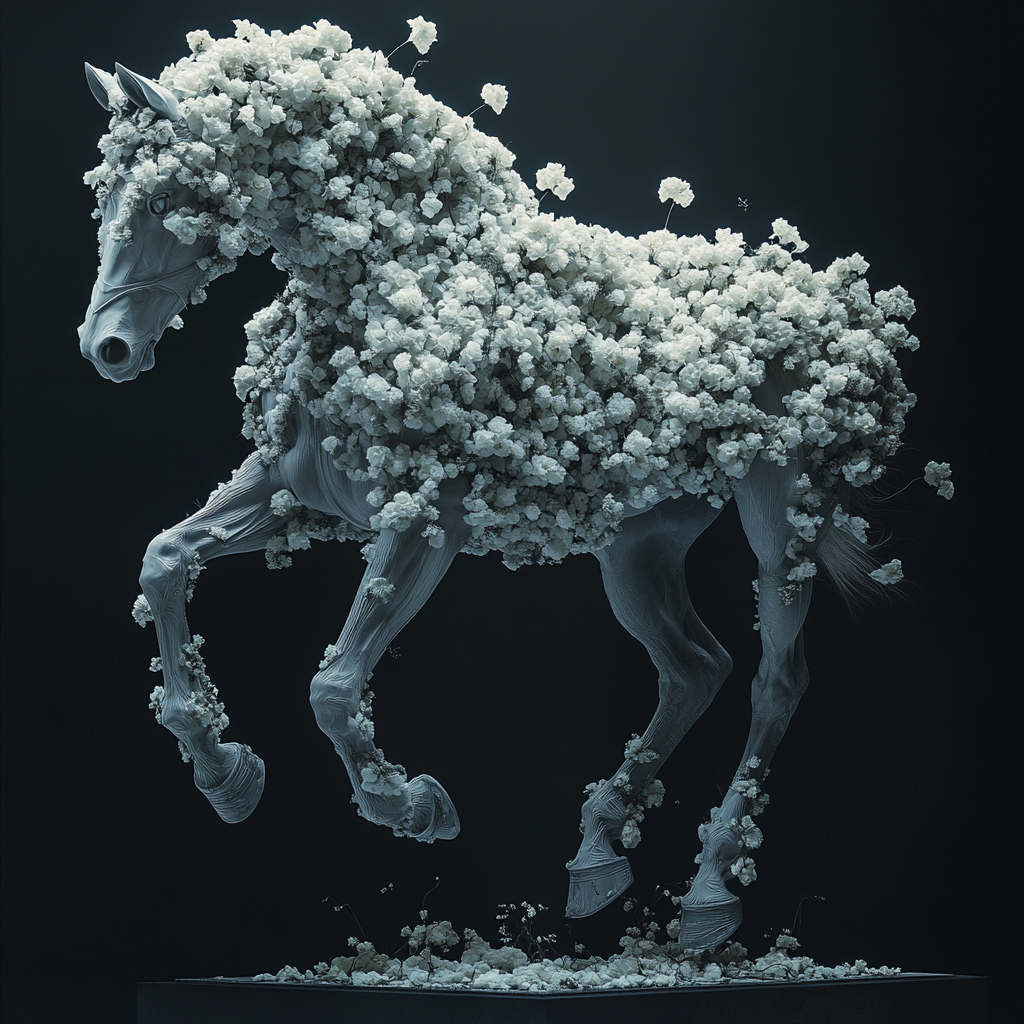 Statue of horse surrounded by flowers in cool lighting.