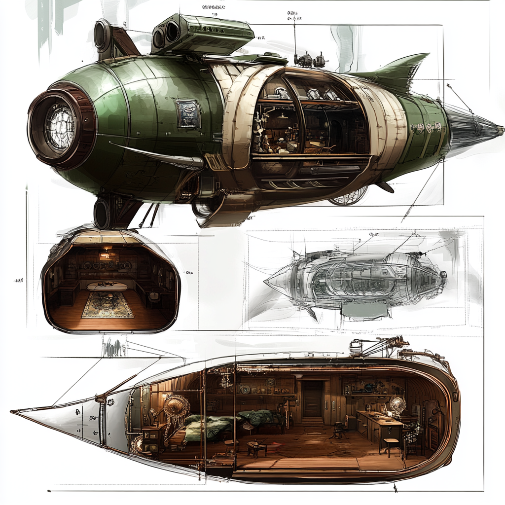 Steam punk flying ship concept art module design