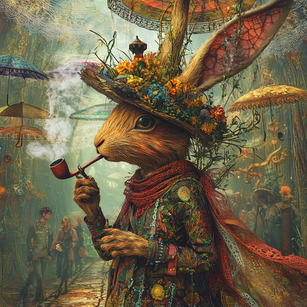 Steam punk rabbit in fantastical forest with umbrellas