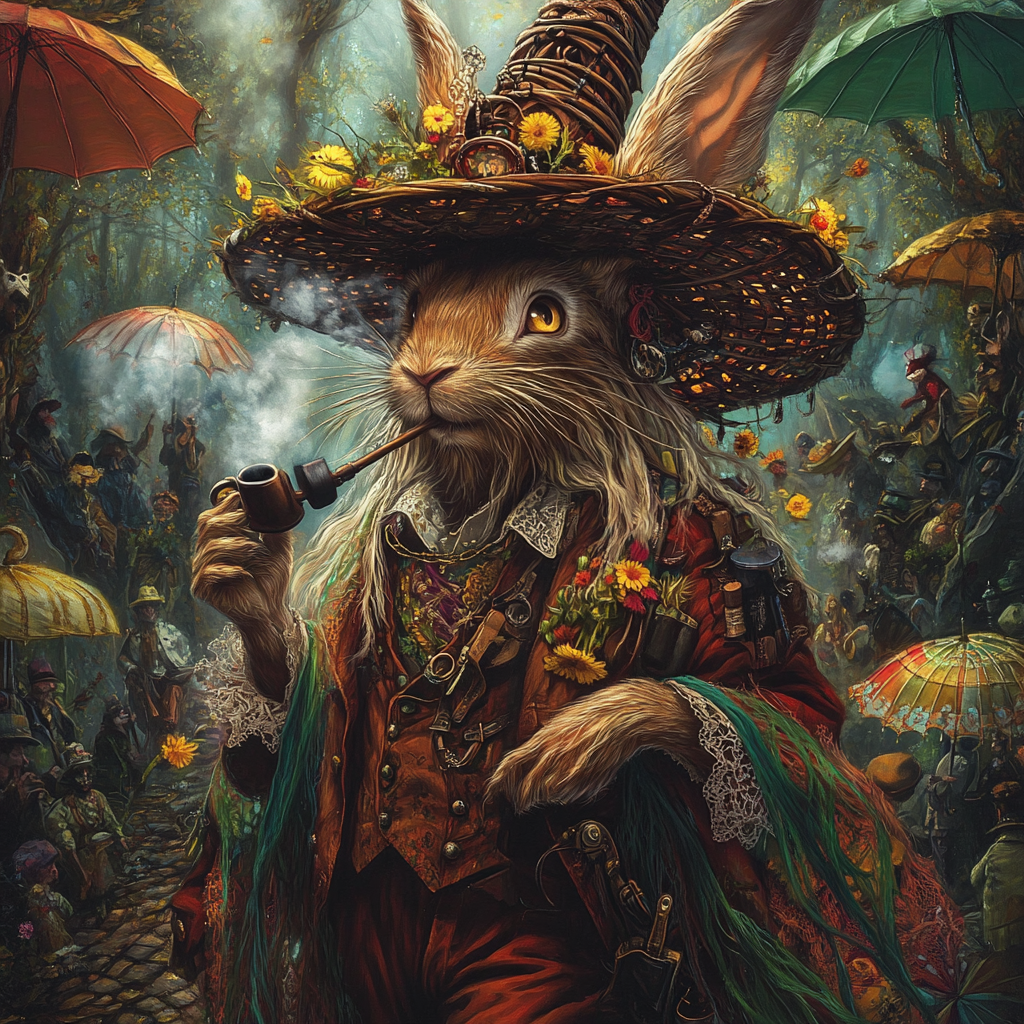 Steam punk rabbit with pipe in abstract forest perspective.