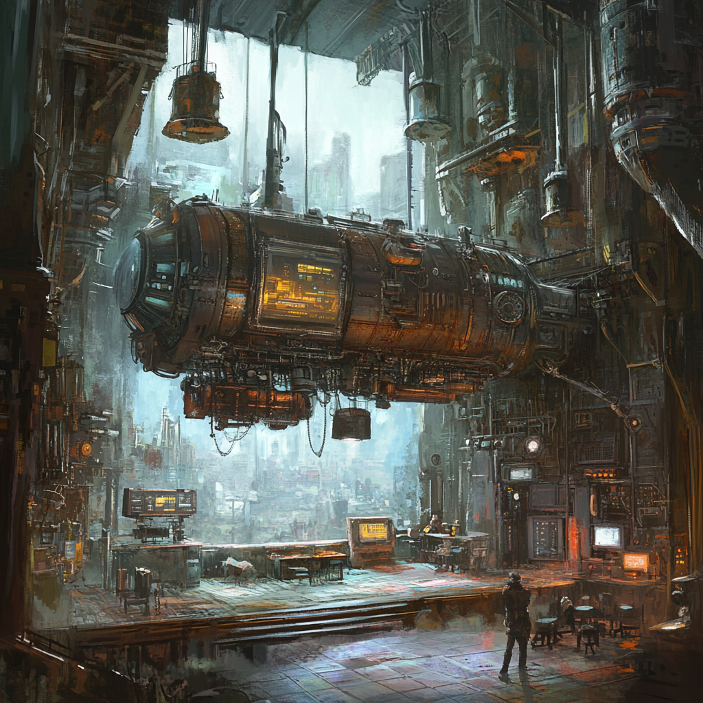 Steam punk ship part made of junk, living space concept.