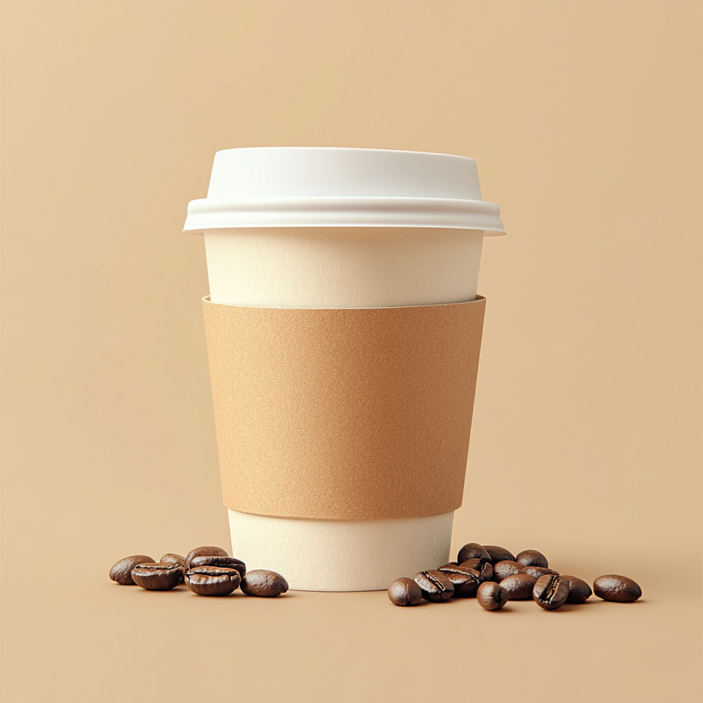 Steaming coffee cup with fresh beans, like Starbucks.