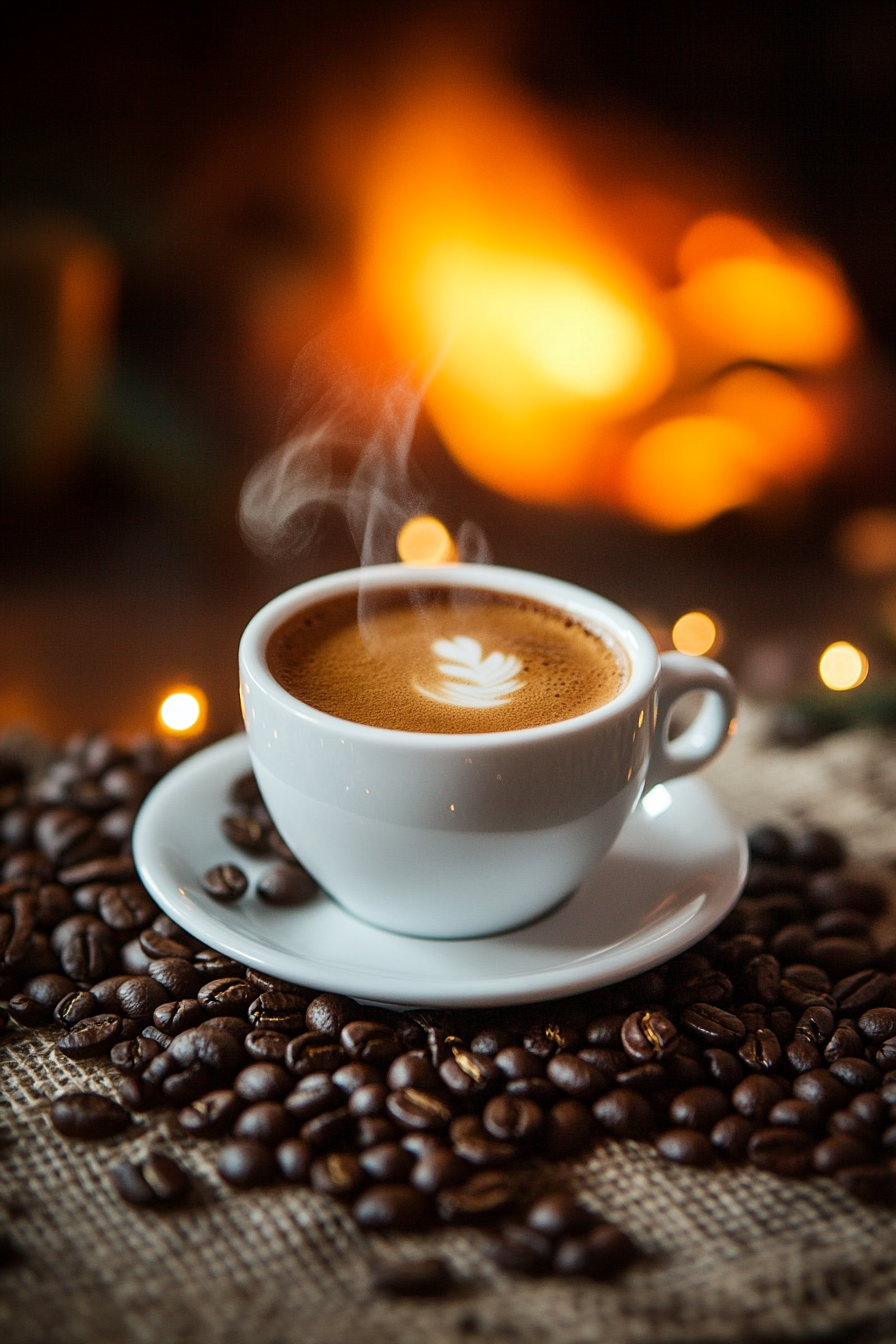 Steaming coffee cup with roasted beans on green background.