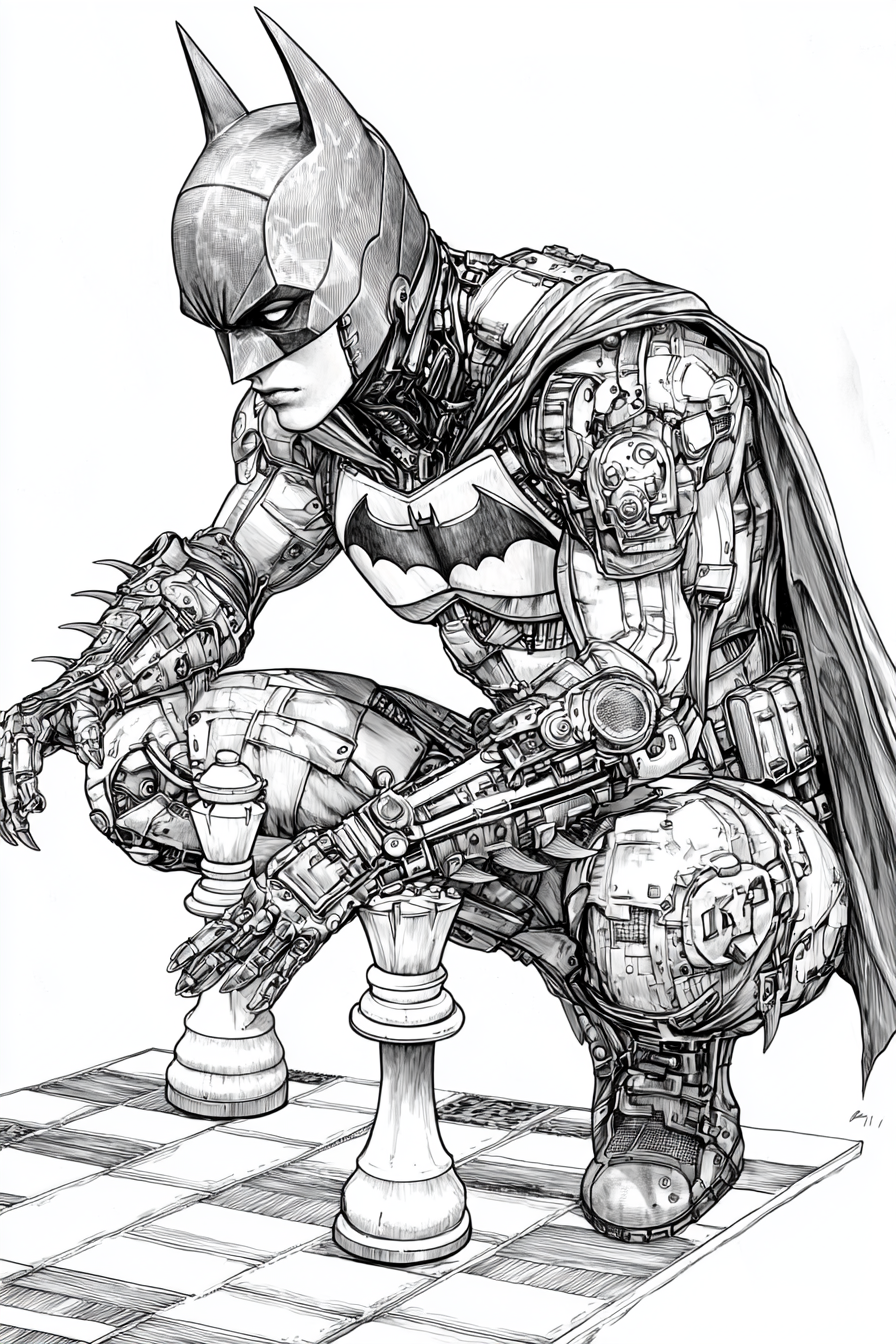 Steampunk Batman boy merging into white knight chess piece.