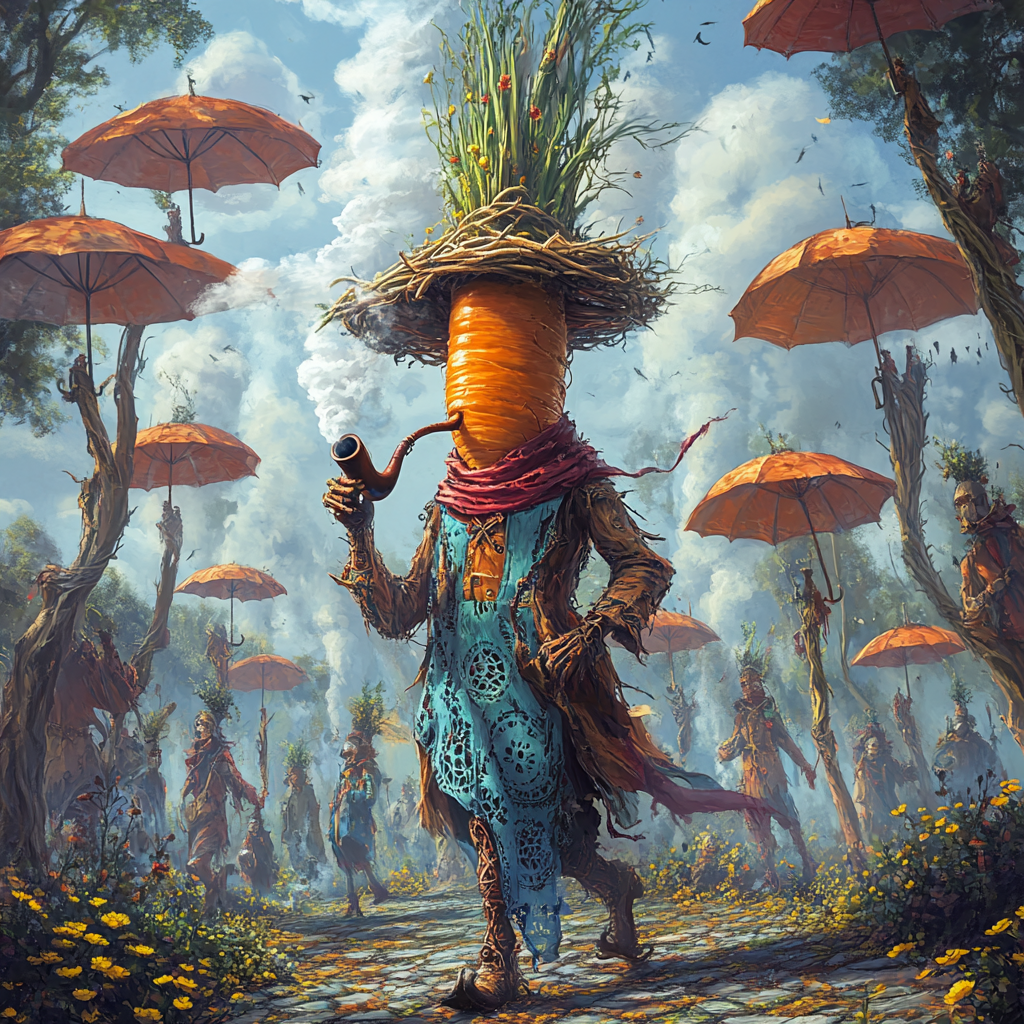 Steampunk Carrot Smoking Pipe Among Multisized Umbrellas 