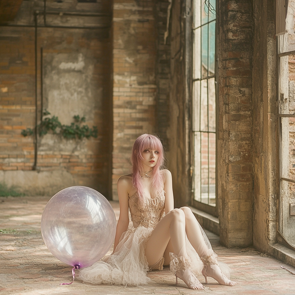 Steampunk Lady Inflating Big Purple Balloon with Cinematic Lighting