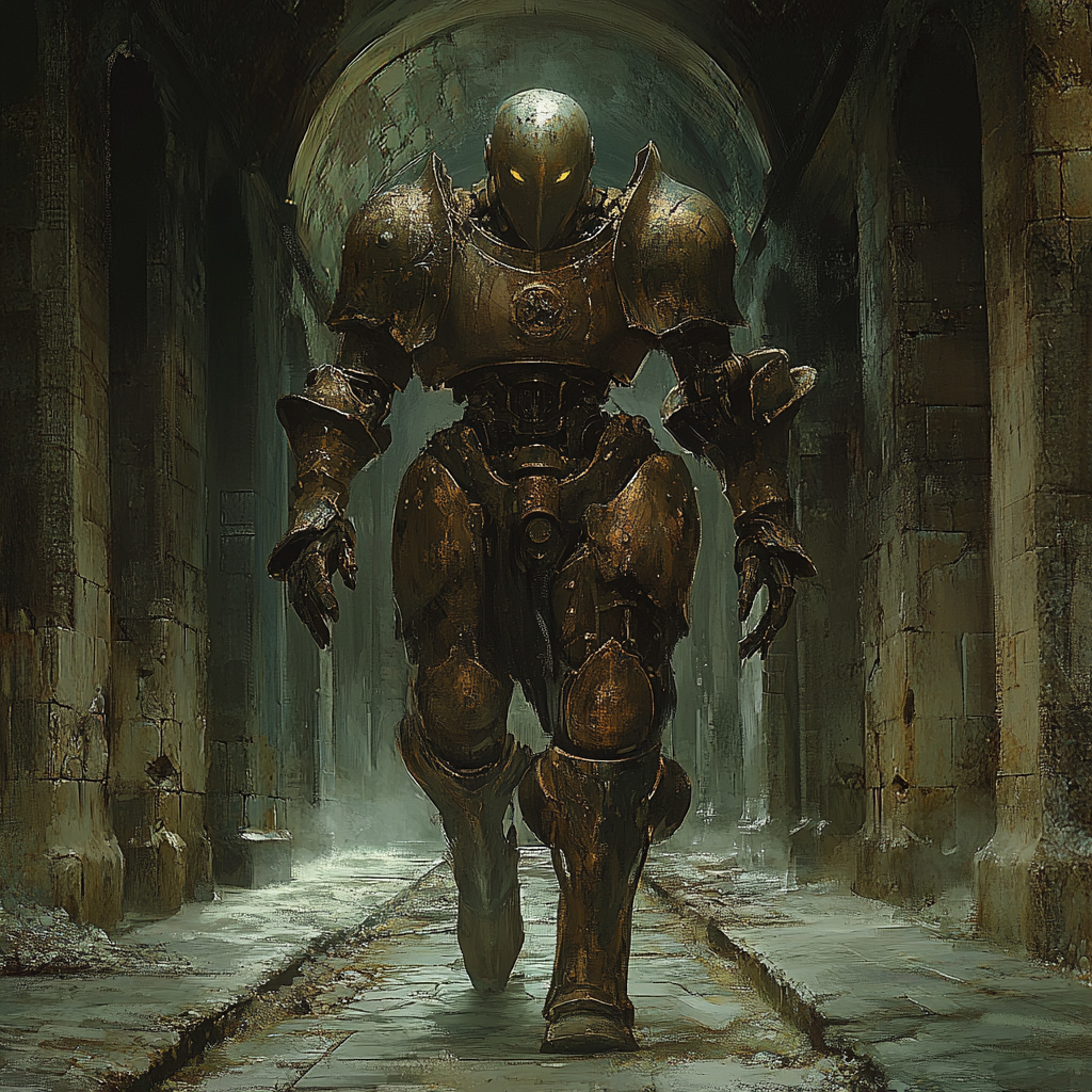 Steampunk bronze warrior automaton in dark corridor