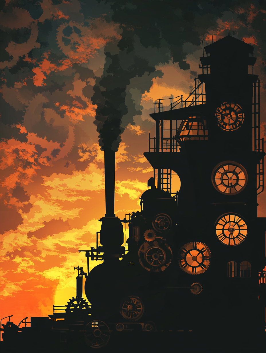 Steampunk train station building with gears and steam engine