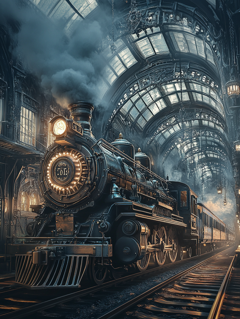 Steampunk train station with gears and steam engine