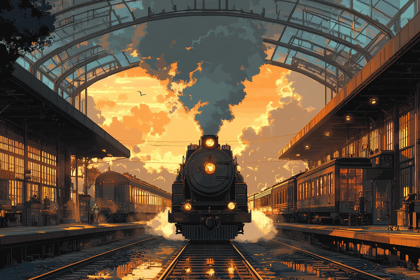 Steampunk trains at station with steam and sunlight.