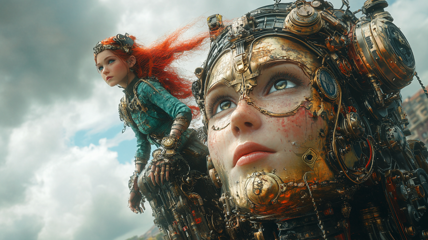 Steampunk woman and robot in Bella Kotak style.