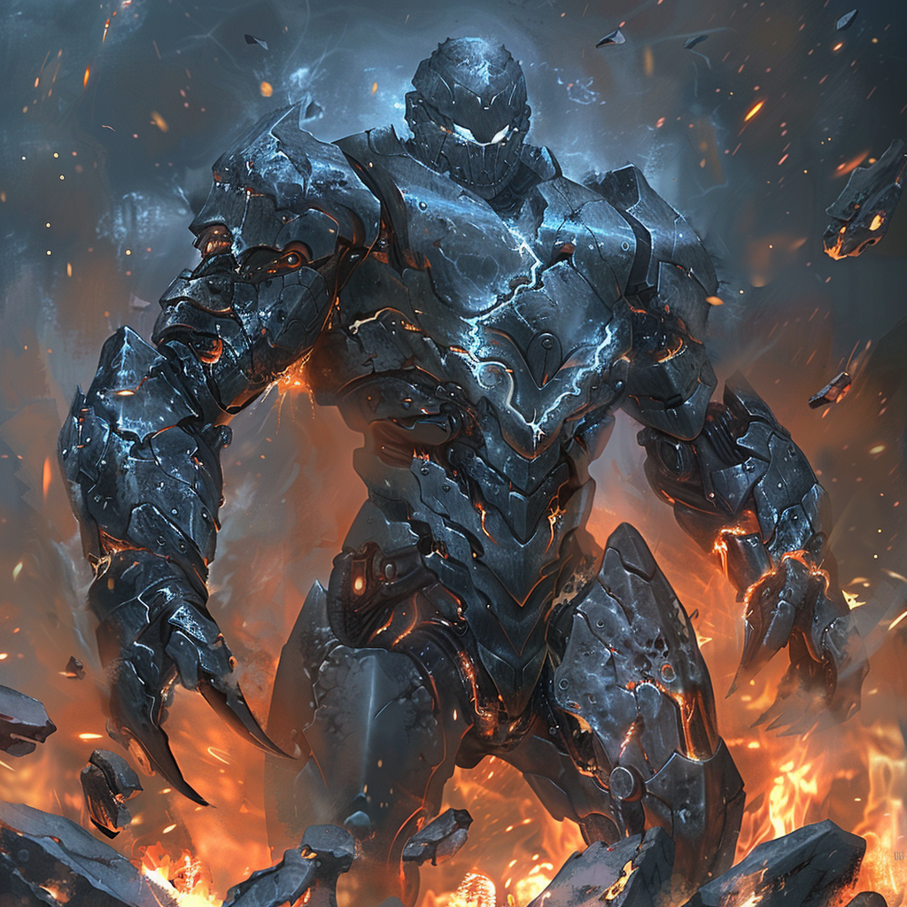 Steel Elemental with glowing silver eyes in battlefield.