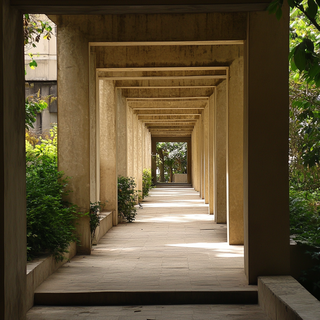 Stepped pergola roof in between rectangular buildings.