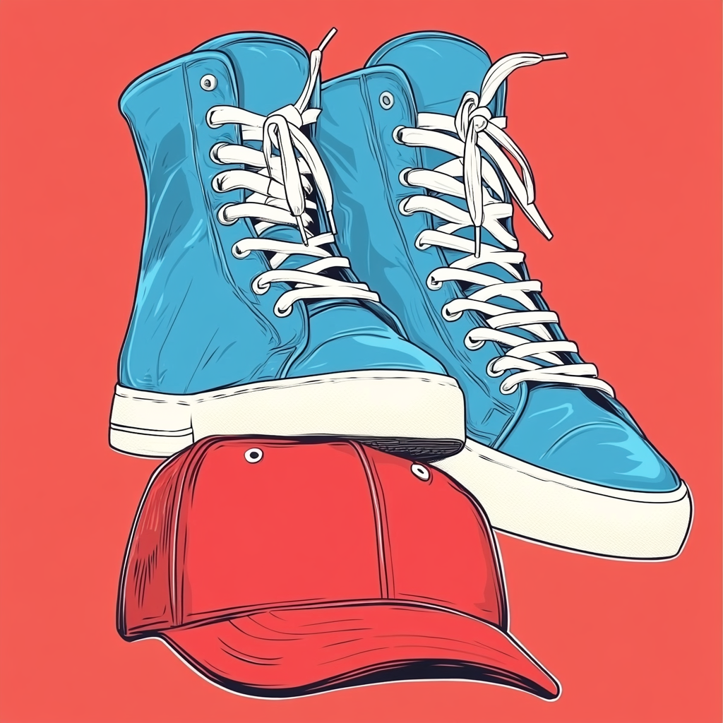 Stepping sneakers on cap, cuffed pants, cartoon style