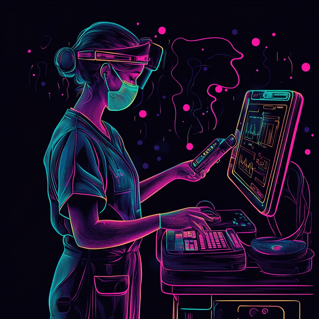 Sterile processing technician scanning with neon light and water.