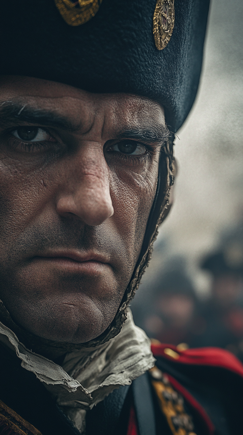 Stern French soldiers in dim square, intense expressions, 1799.