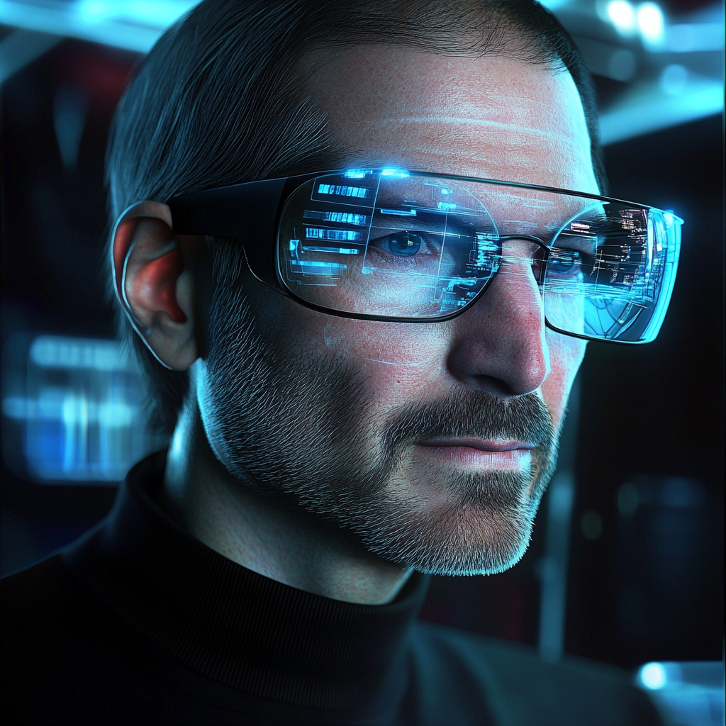 Steve Jobs in AR glasses viewing 3D anime hologram