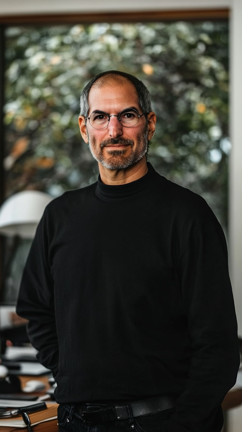 Steve Jobs in creative office with innovative products.