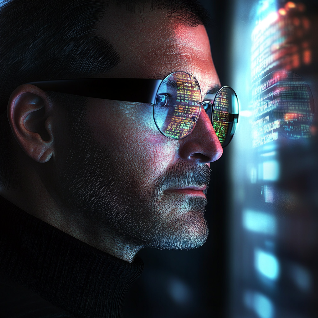 Steve Jobs wearing cool glasses, looking at hologram