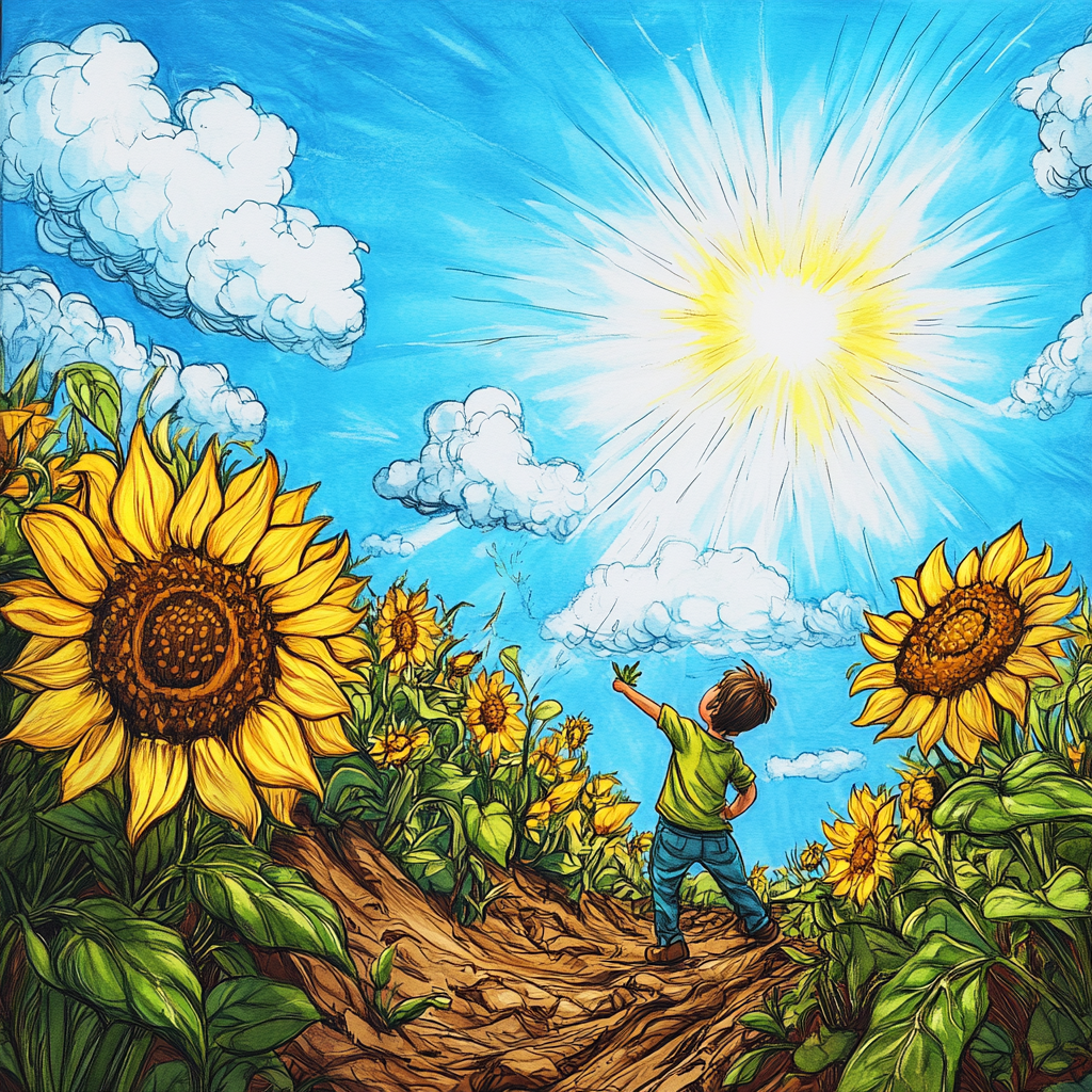 Stick figure picking sunflower at reality vortex. Bright, colorful.