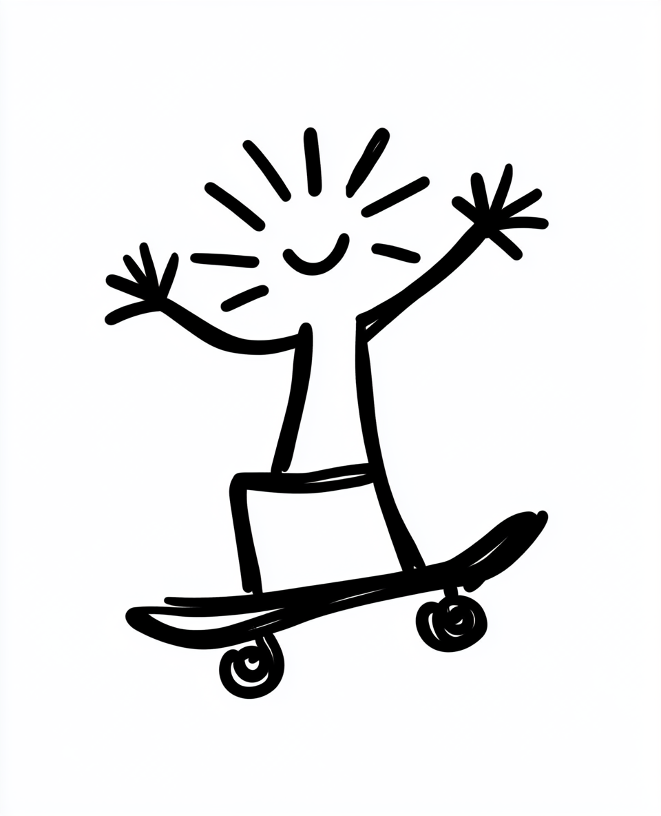 Stick figure surfing on Keith Haring sun with skateboard.