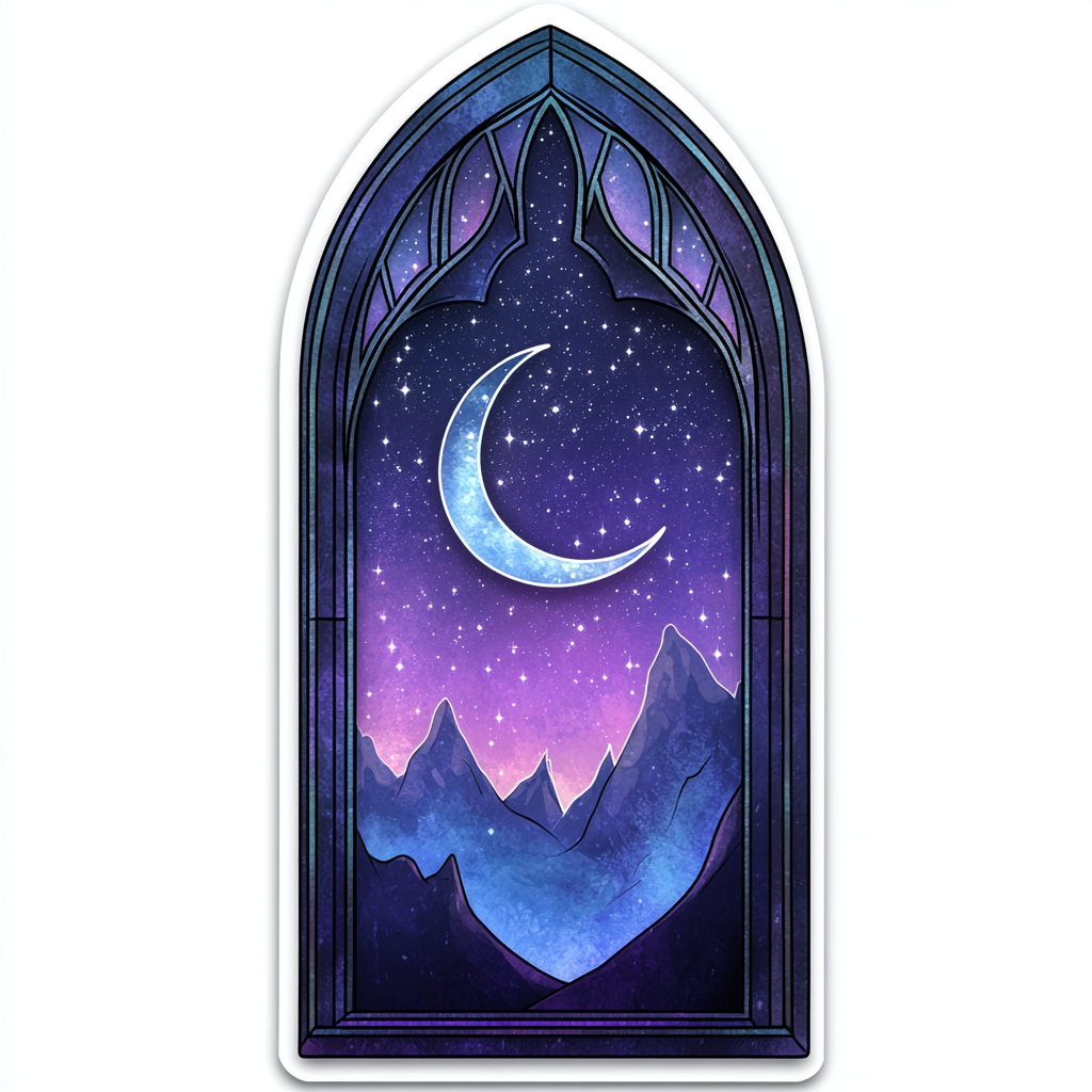 Sticker design with night sky, crescent moon, mountain silhouettes