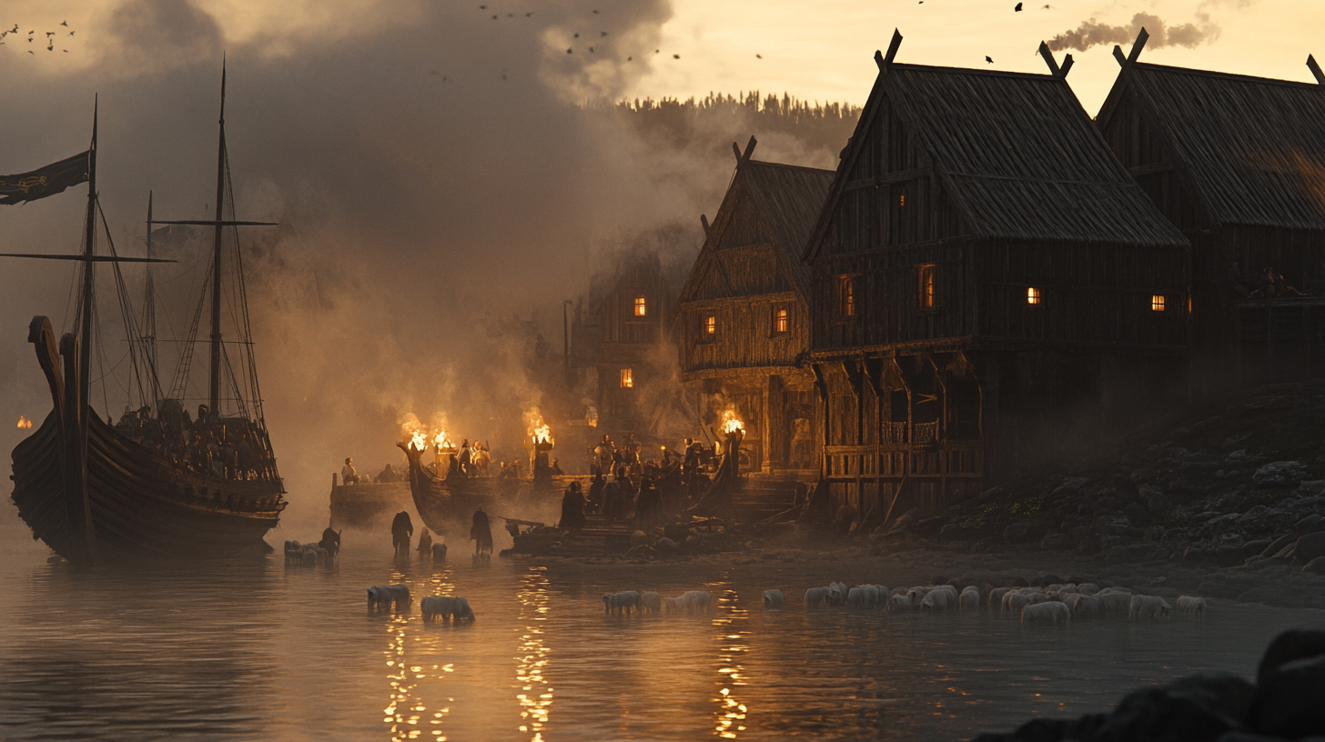 Still from fantasy D&D movie, wooden viking village defended.