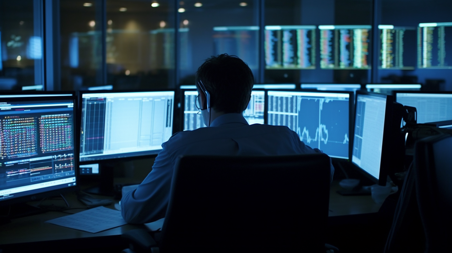 Intense stock trader surrounded by screens